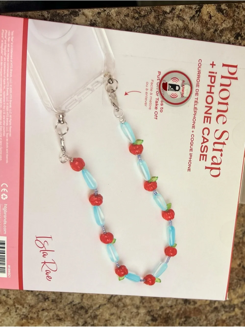 Clear iPhone Case with Blue Beaded Cherry Strap - Fits iPhone 15/14/13